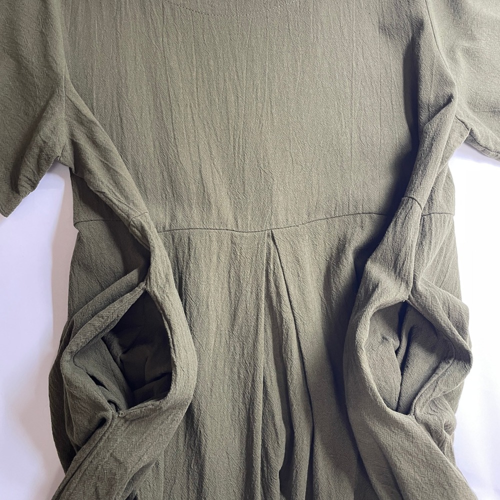 Olive Green Empire Waist Pleated Peasant Cottage Midi Dress Pockets S/S Lagen M - Picture 4 of 7